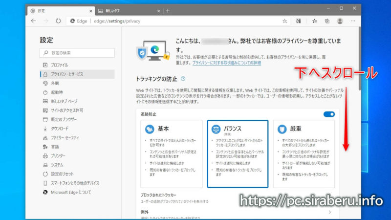 プライバシーとサービス画面